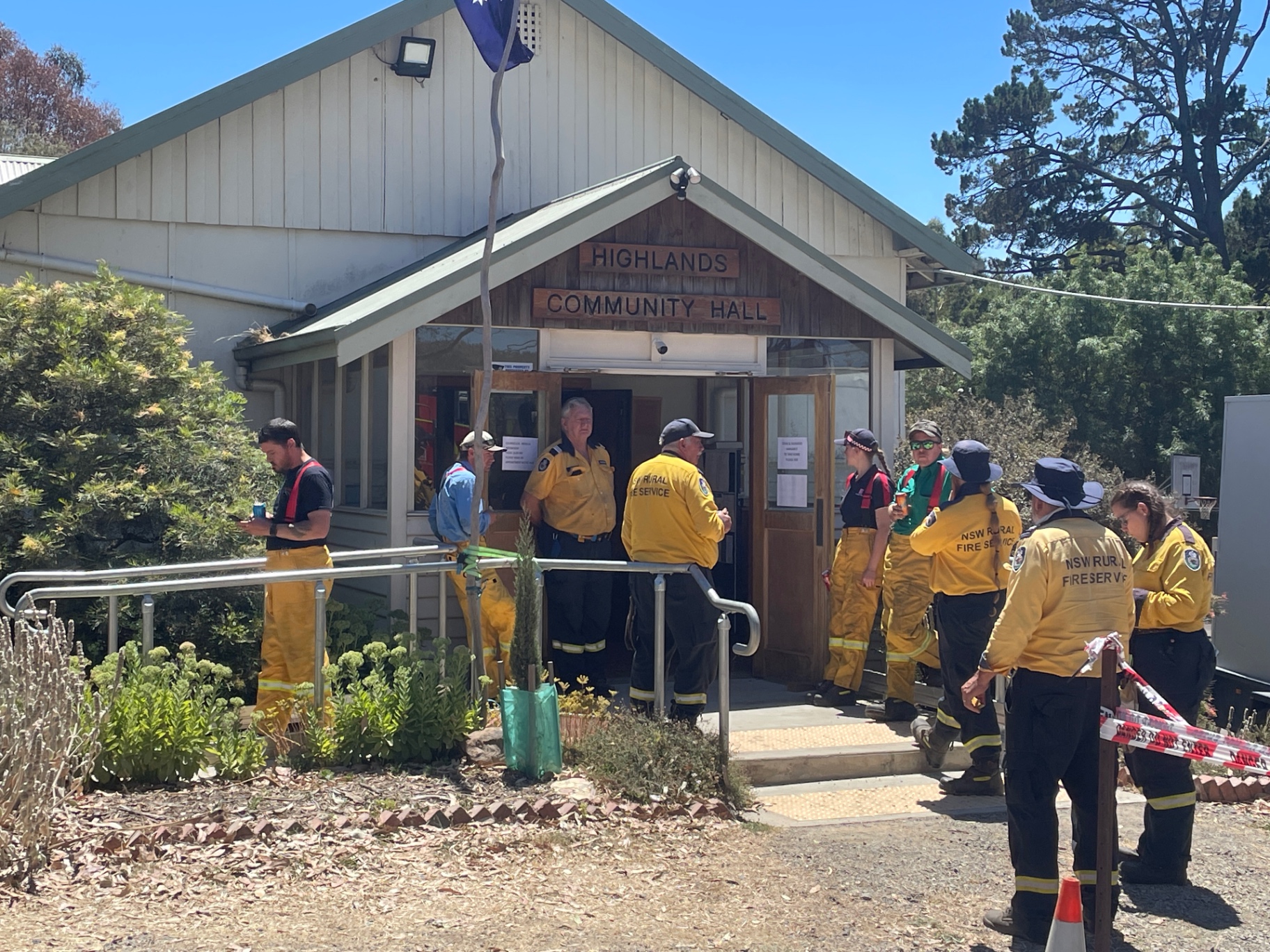 Fire crews gathered outside the Highlands Community Hall