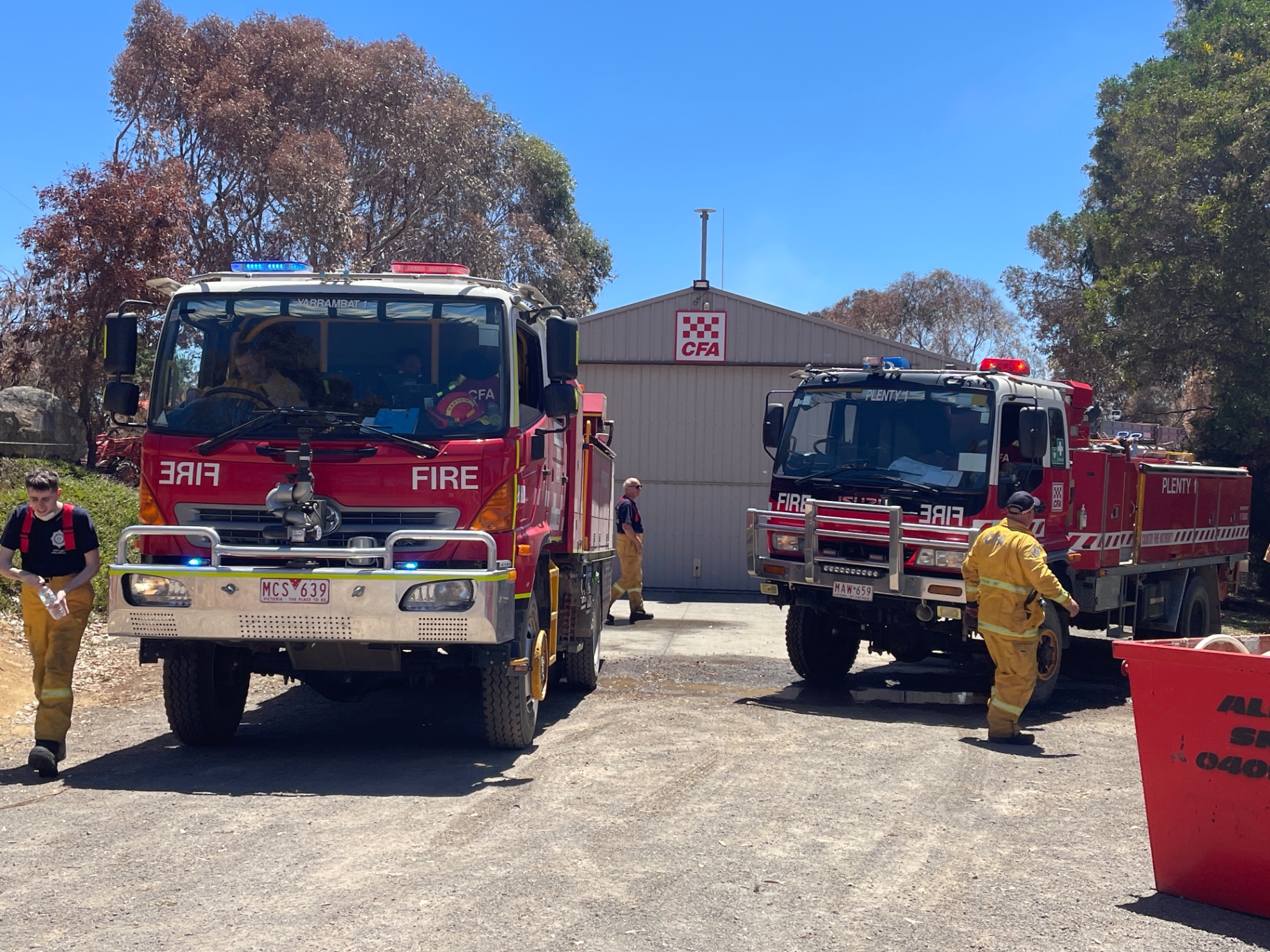 CFA tankers from Yarrambat and Plenty parked at the Highlands fire station